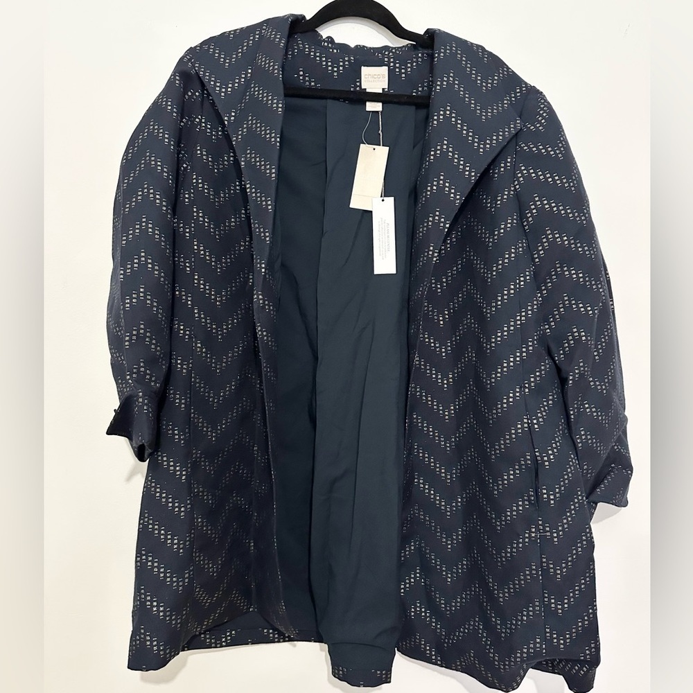 Chico's Collection Jacket Size 2 Womens Blue Chevron Gold Shimmer